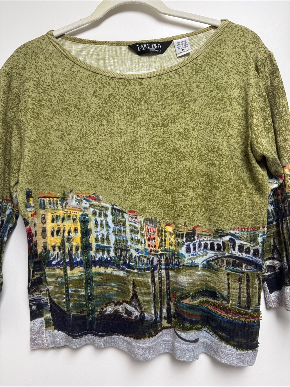 Take Two Vintage European City Scene Cropped 3/4 Sleeve Y2K Top Size M Italy